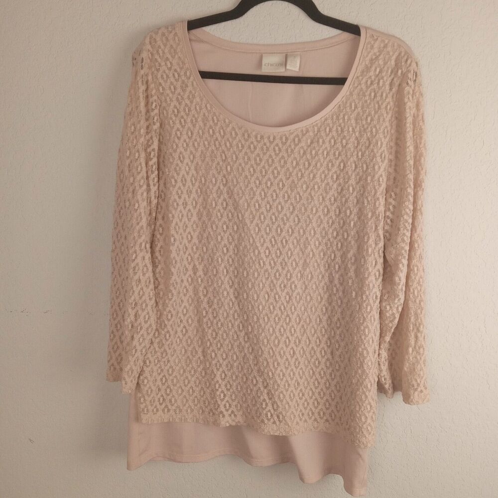 CHICOS Lace Lined Blouse Womens Size 3 Medium Top Long Sleeve Blush Pink Peach